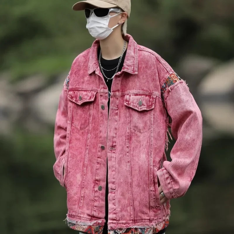 Fashion denim jacket for men and women Hong Kong style spring and autumn sexy red unique edge workwear jacket 241007