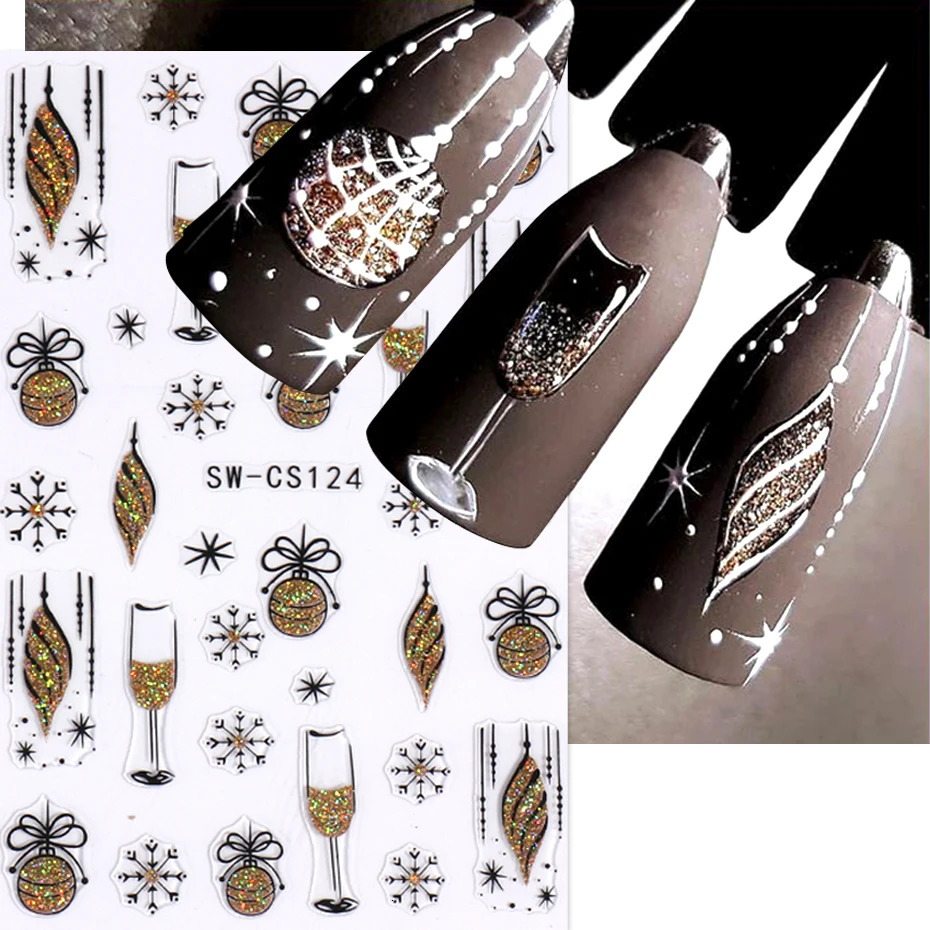 3D Blue Gold Sparkling Christmas Nail Art Stickers Snowflake Star Bow Clock Wine Glass Gifts Winter Christmas Year French Handmade Tips 241008