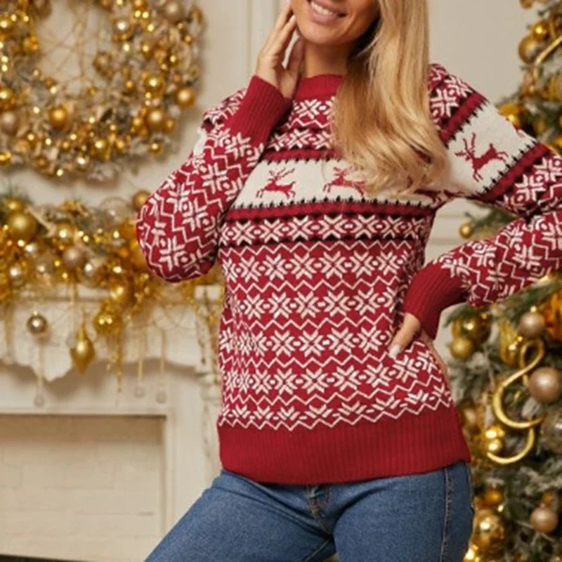 2024 Winter Women Christmas Sweaters Jacquard Knitwear Long Sleeve O Neck Casual Soft Jumper Warm Thicken Pullover Top Xmas Look 241010