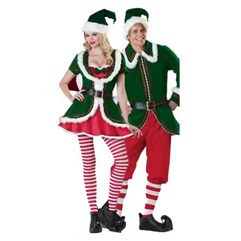 Male and female Christmas roleplaying Santa Claus couple costumes Green Elves Halloween party stage performance Friends gifts 241007