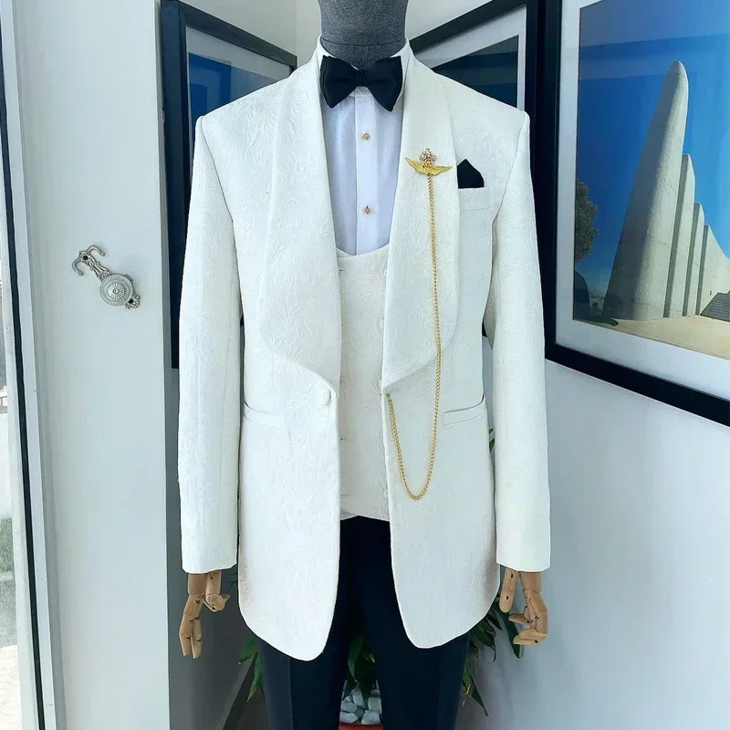 Jacquard Wedding Suits For Men Shawl Lapel Suit Jacket With Waistcoat Pants Custom 3 Pcs Floral Slim Fit Groom Tuxedo 2024