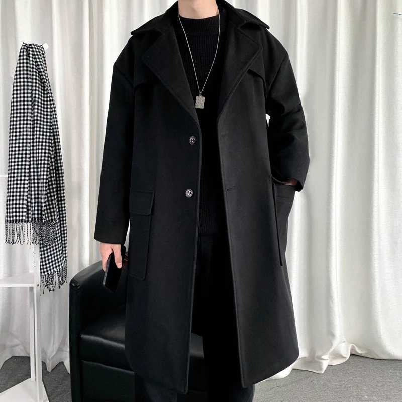 Mens Hooded Long Woolen Coats Oversized Solid Color Winter Windbreaker Korean Style Casual Outwear LX241010