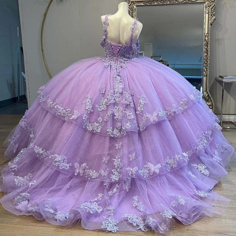 Lavender Off the Shoulder Ball Gown Quinceanera Dresses Applique Lace Crystal Beading Bow Tull Corset Vestido De 15 Anos Sweet 16 Dress