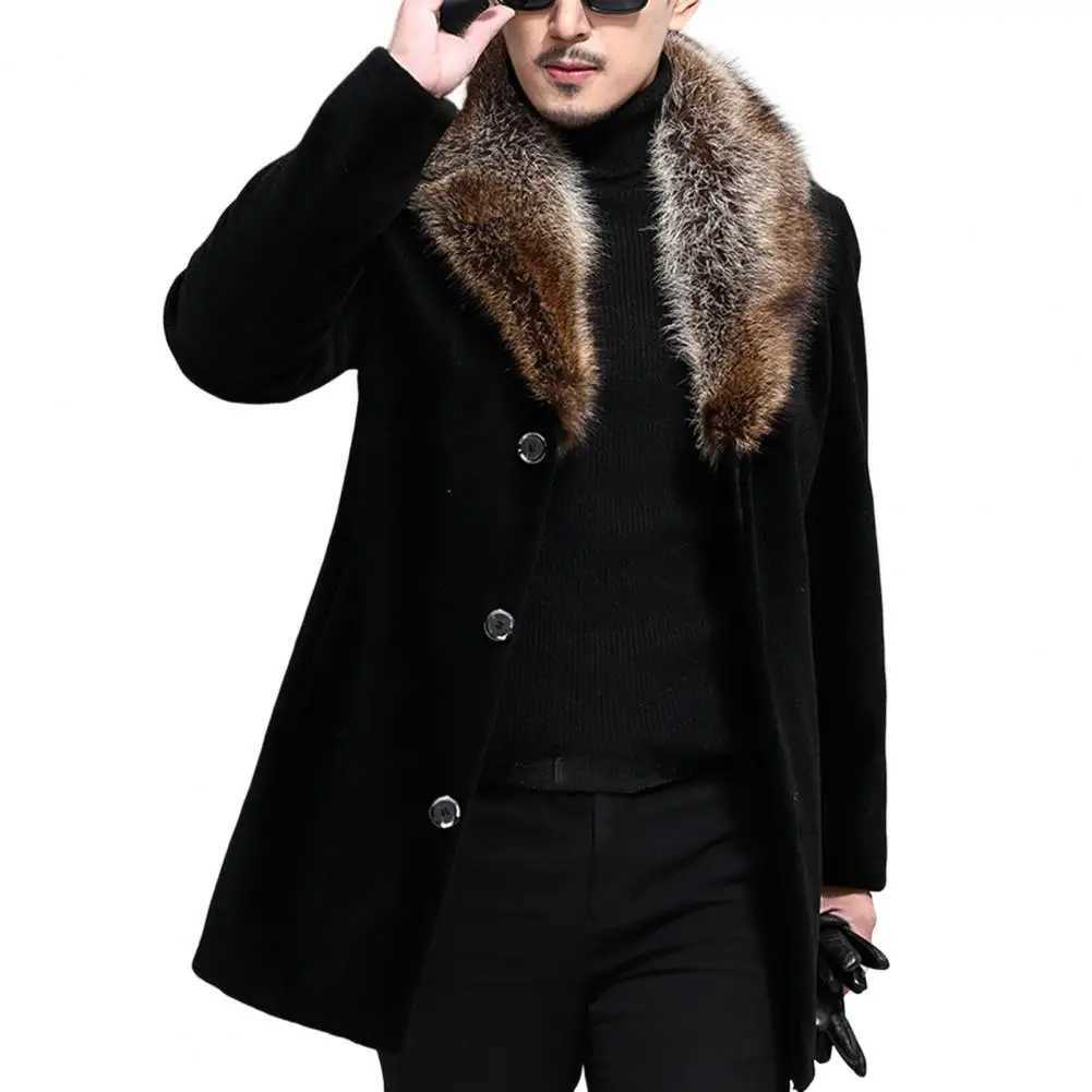 Men Woolen Coat Faux Fur Collar Men Outwear Solid Color Single-breasted Men Jacket Autumn Winter Windbreaker Jacket for Daily LX241010