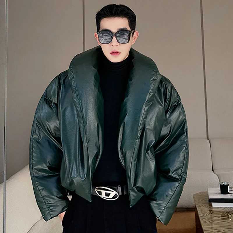 Men's Down Parkas IEFB American style mens PU leather down jacket solid color new trend mens park niche design cotton coat 2024 winter 9C4005 Y24