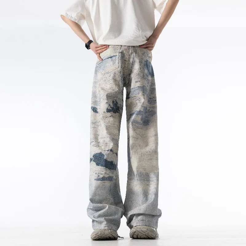 High end personalized 3D printed thick canvas denim pants Korean version hip-hop fashion motorcycle rider loose jeans 241007
