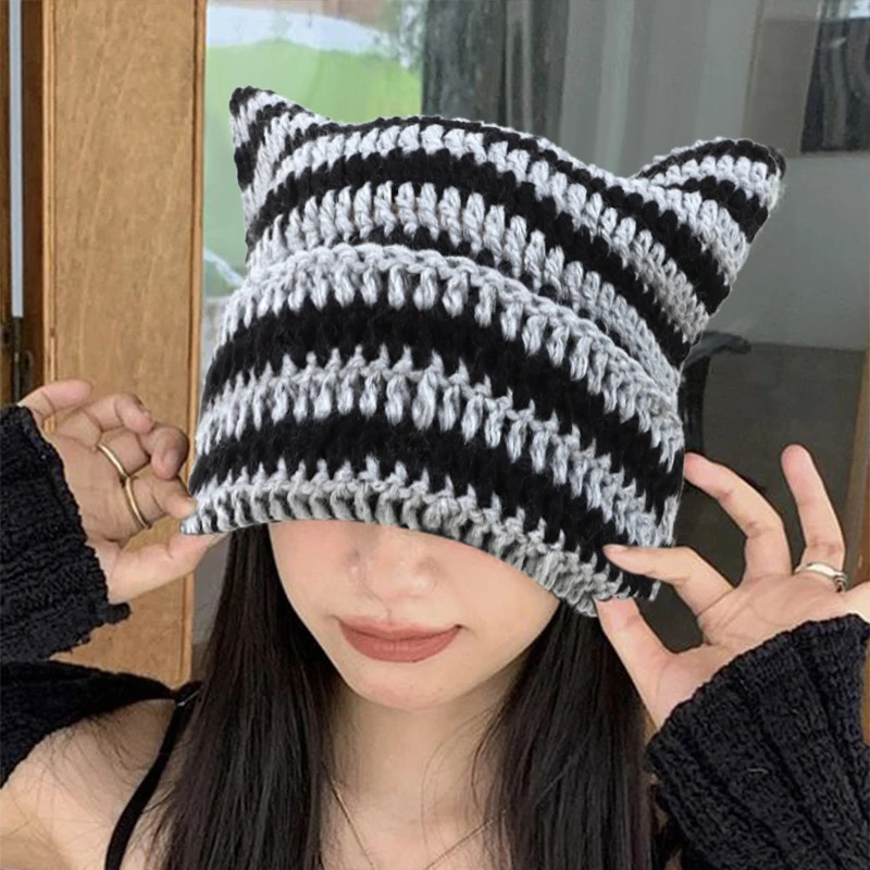Cute Cat-eared Hand-crocheted Woolen Hat For Ladies Winter Imp Striped Korean Punk Gothic Casual Thermal Hat 241007