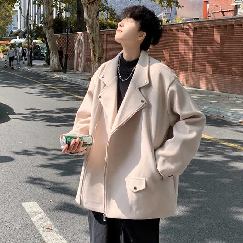 Blends Coats Men Notched Clothing Pure Color Zipper Handsome Vintage Korean Fashion Outwear Streetwear Casual Designer All-match LX241010