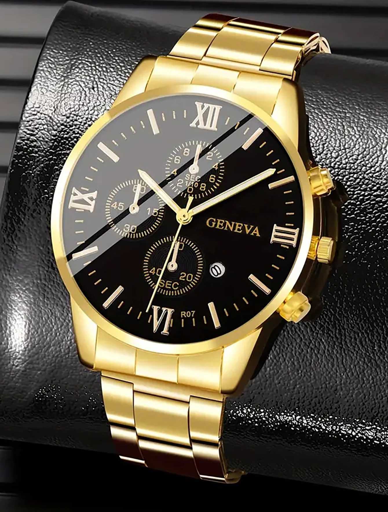 3PCS Classic business style alloy mens quartz watch with Cuban bracelet Cross necklace set Birthday gift wristband calendarX241010