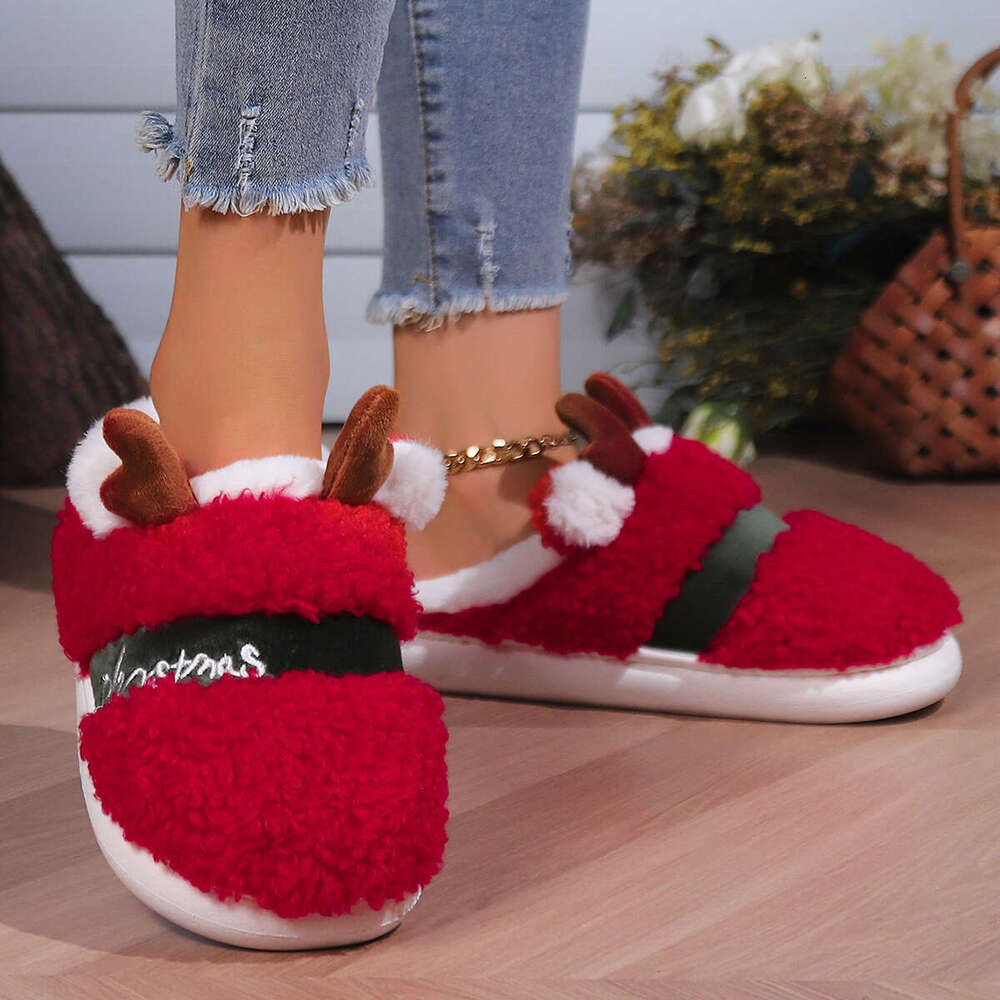 Women Shoes Christmas Reindeer Cotton Slippers Home Cotton Slippers Wear Resistant Anti Slip Warm Shoes Thick Velvet Slippers Red Winter Shoes High Qu