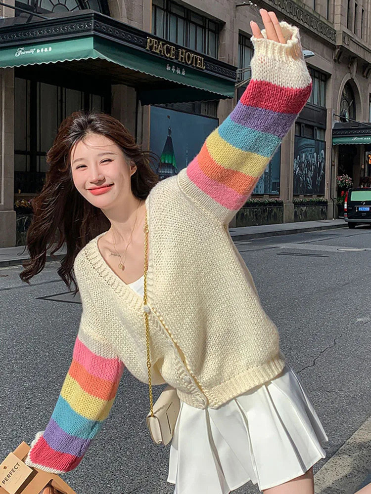 Fashion Rainbow Sweet Cardigan Sweater Casual Lazy Wind Korean Knitted Coat Chic V Neck Loose Long Sleeve Tops Outwear 241007