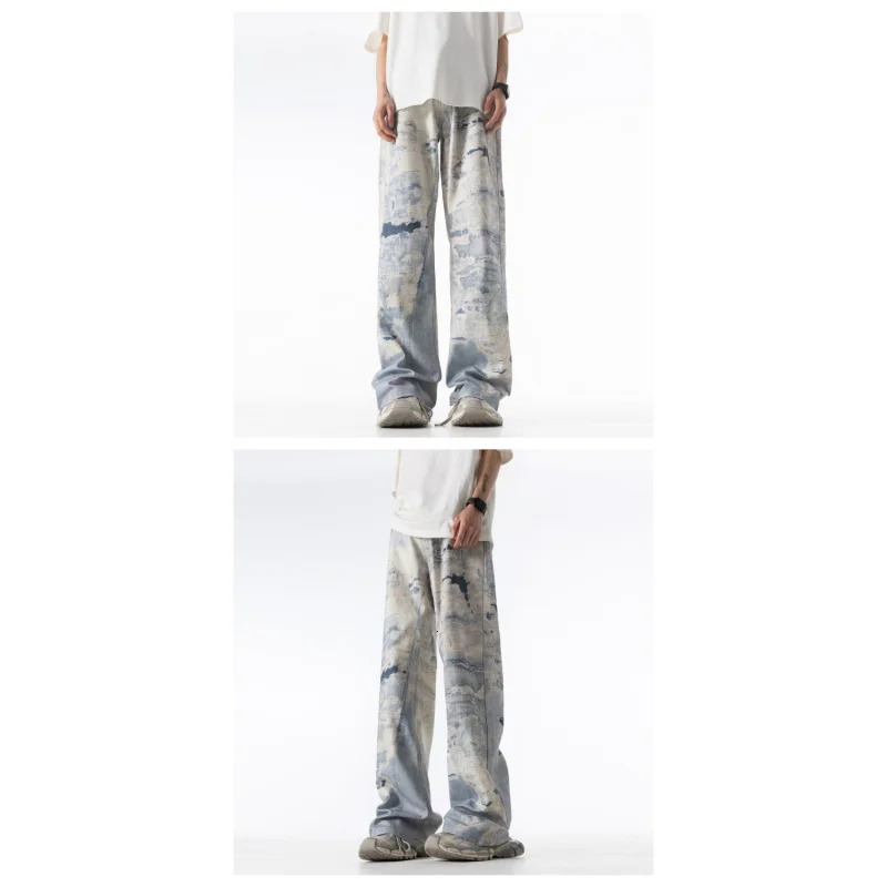 High end personalized 3D printed thick canvas denim pants Korean version hip-hop fashion motorcycle rider loose jeans 241007
