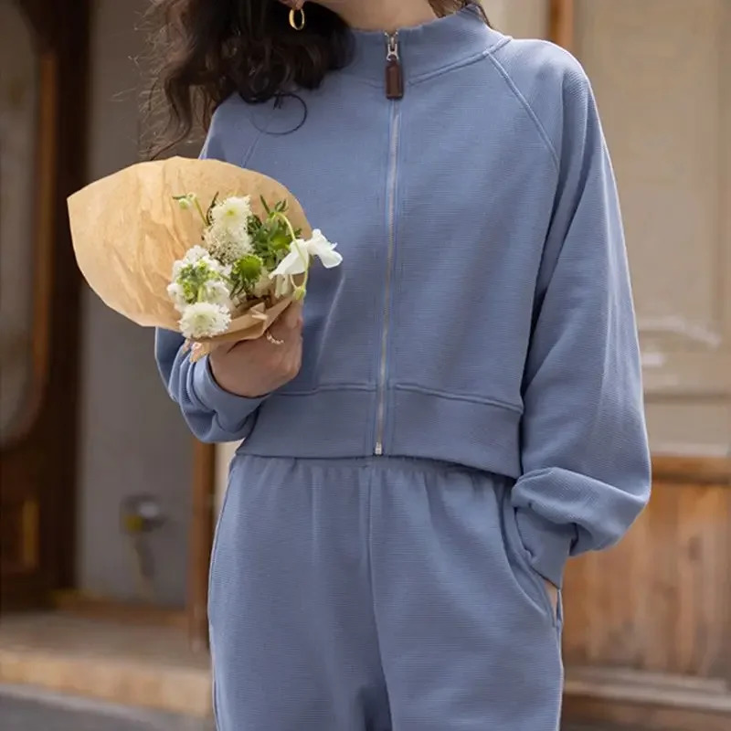 Womens pants set Korean fashion casual track suit loose zipper long sleeved sweater jacket mens 2piece sportswear 241007