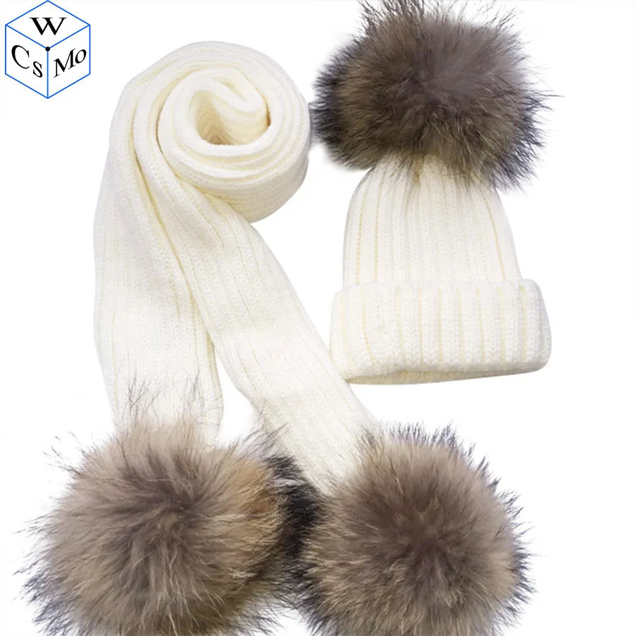 Arrive Winter Kids Hat Scarf Natural Real Raccoon Fur Pompom 3pcs Pom pom Beanies Children Warm Scarf Hats 1-8 Years Old 241008
