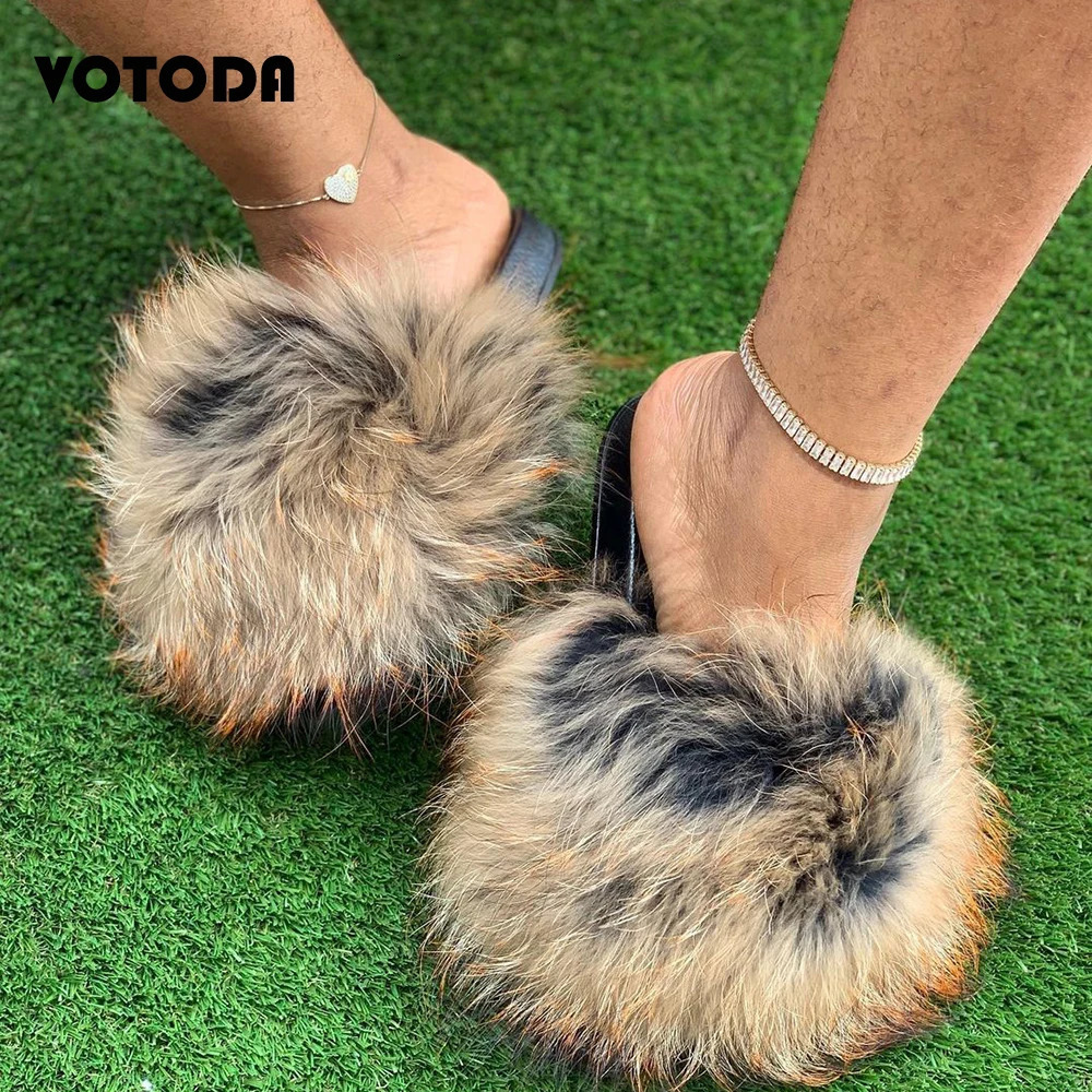 Summer Women Fur Slippers Fluffy Raccoon Fur Slides Furry Fox Fur Sandals Wholesale Cute Flat Home Shoes Flip-Flop Dropship 240927