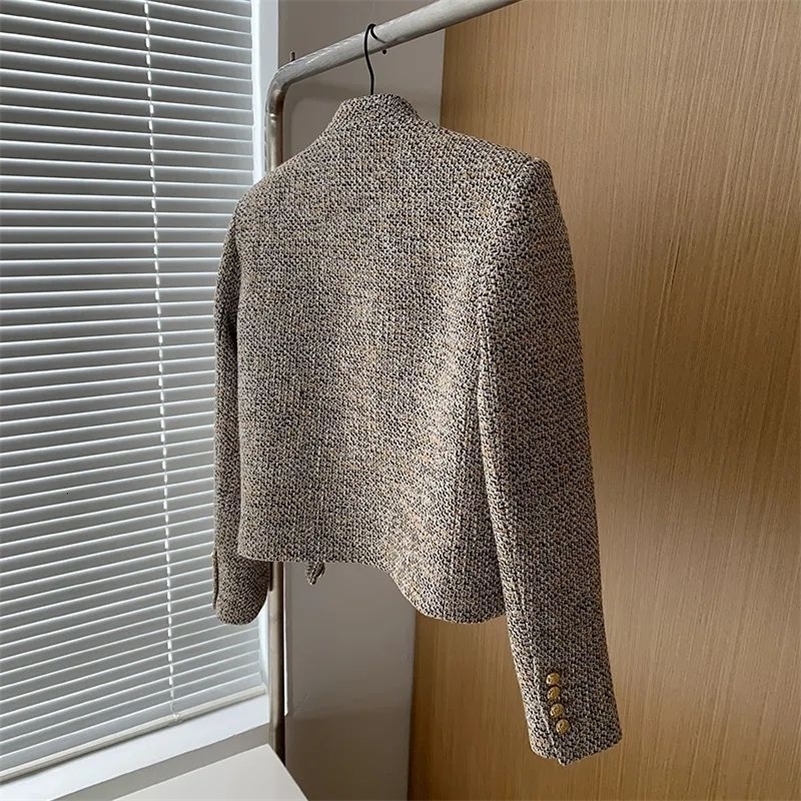 Vintage Cropped Tweed Jacket Women Elegant Short Blazer Autumn Korean Single-Breasted All Match Casual Chic Outerwear Tops 241010