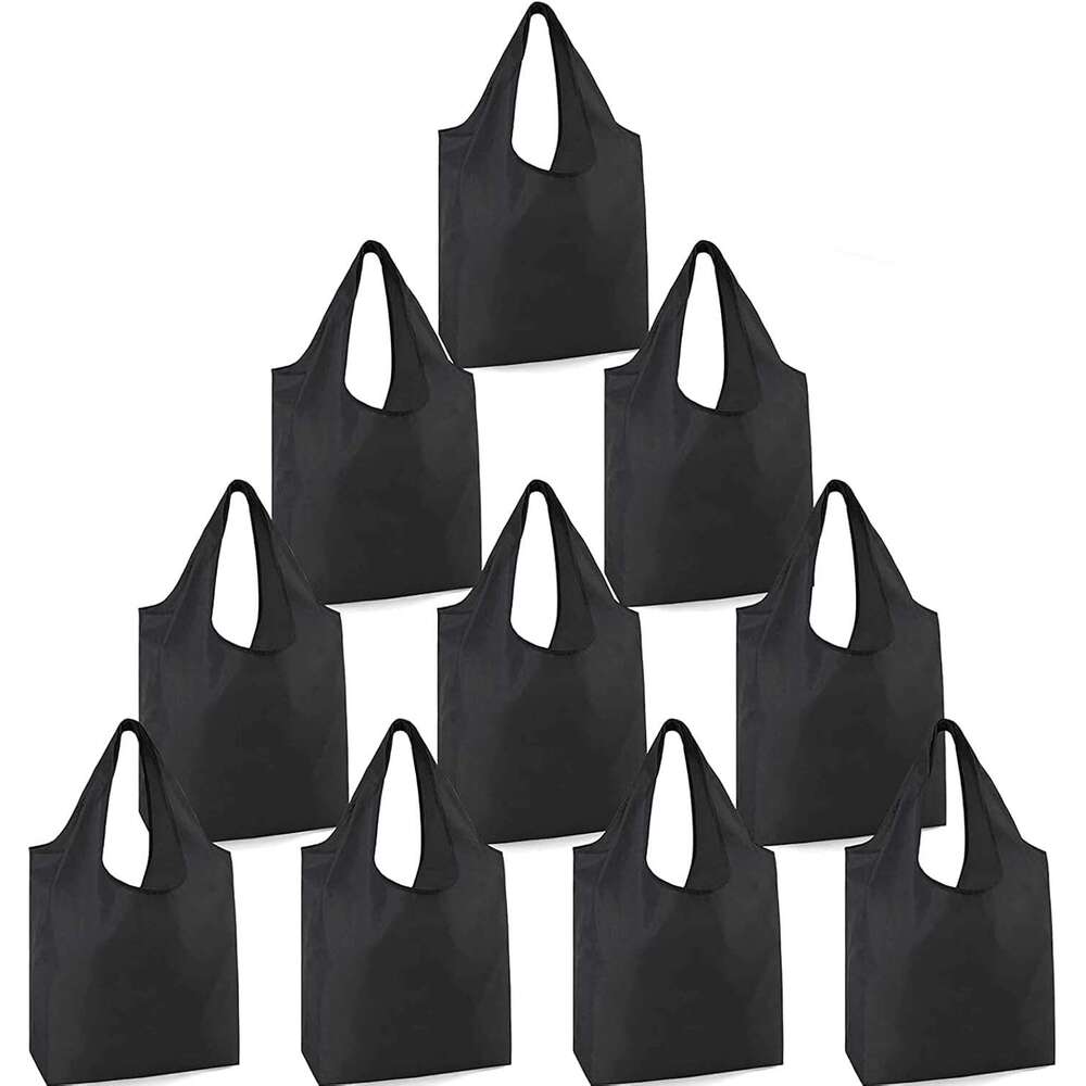Poocar 10 Pack Grocery Bags Black Washable Foldable Reusable Shopping Bags,Eco-Friendly Purse Bag Fits in Pocket Holds