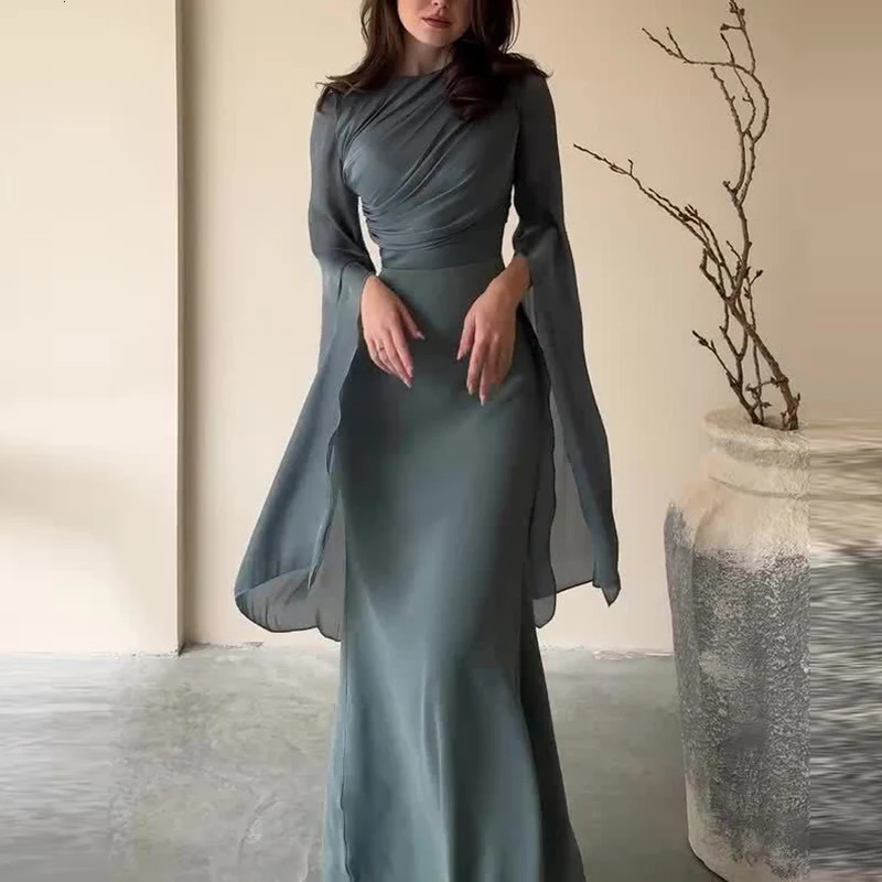 Fashion Satin Solid Robe Dress Ladies Temperament Oneck Slim Evening Elegant Batwing Sleeves High Waist Pleats Long 241009