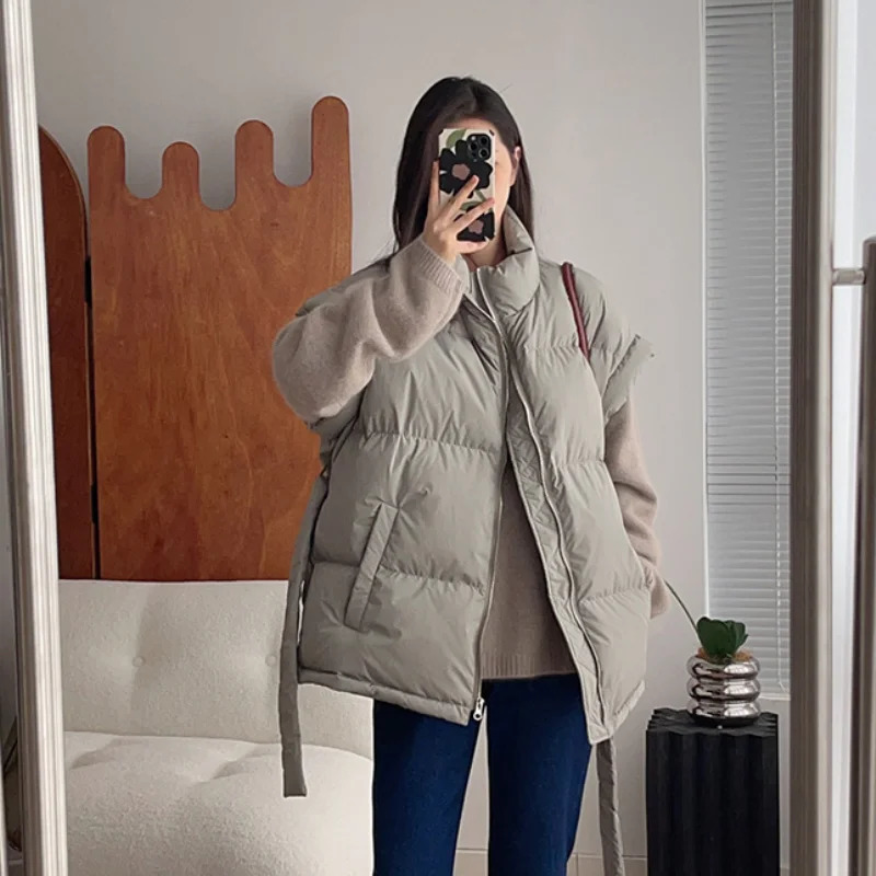 Womens short sleeved vest sleeveless jacket with waistband thick waisted coat loose warm waistcoat stand up collar Korean fashion 241009