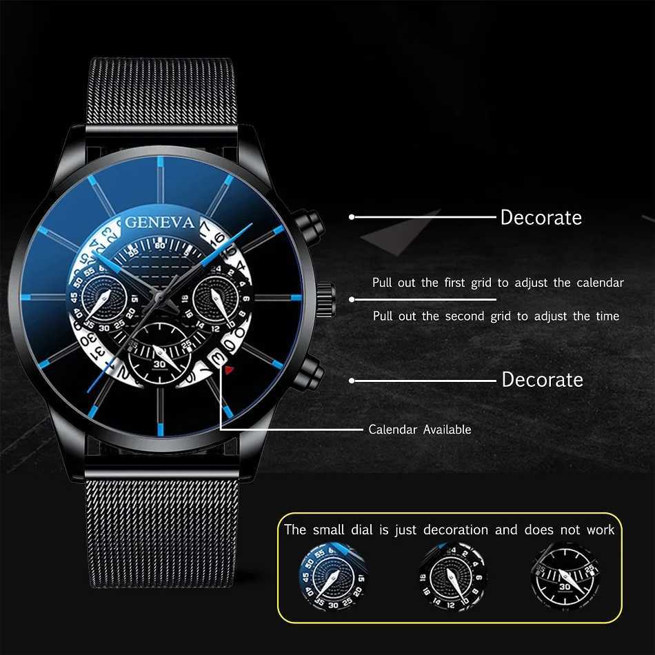 reloj hombre Mens Fashion Business Calendar Watches Blue Stainless Steel Mesh Belt Analog Quartz Wrist Watch relogio masculinoX241010