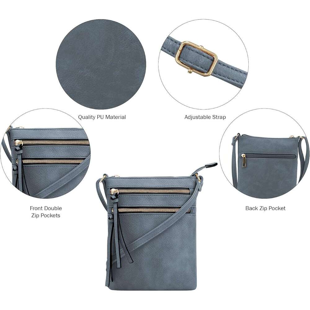Crossbody Bag Functional Multi Pocket Double Zipper Adjustable Strap | Medium Size Purse |Dark Blue