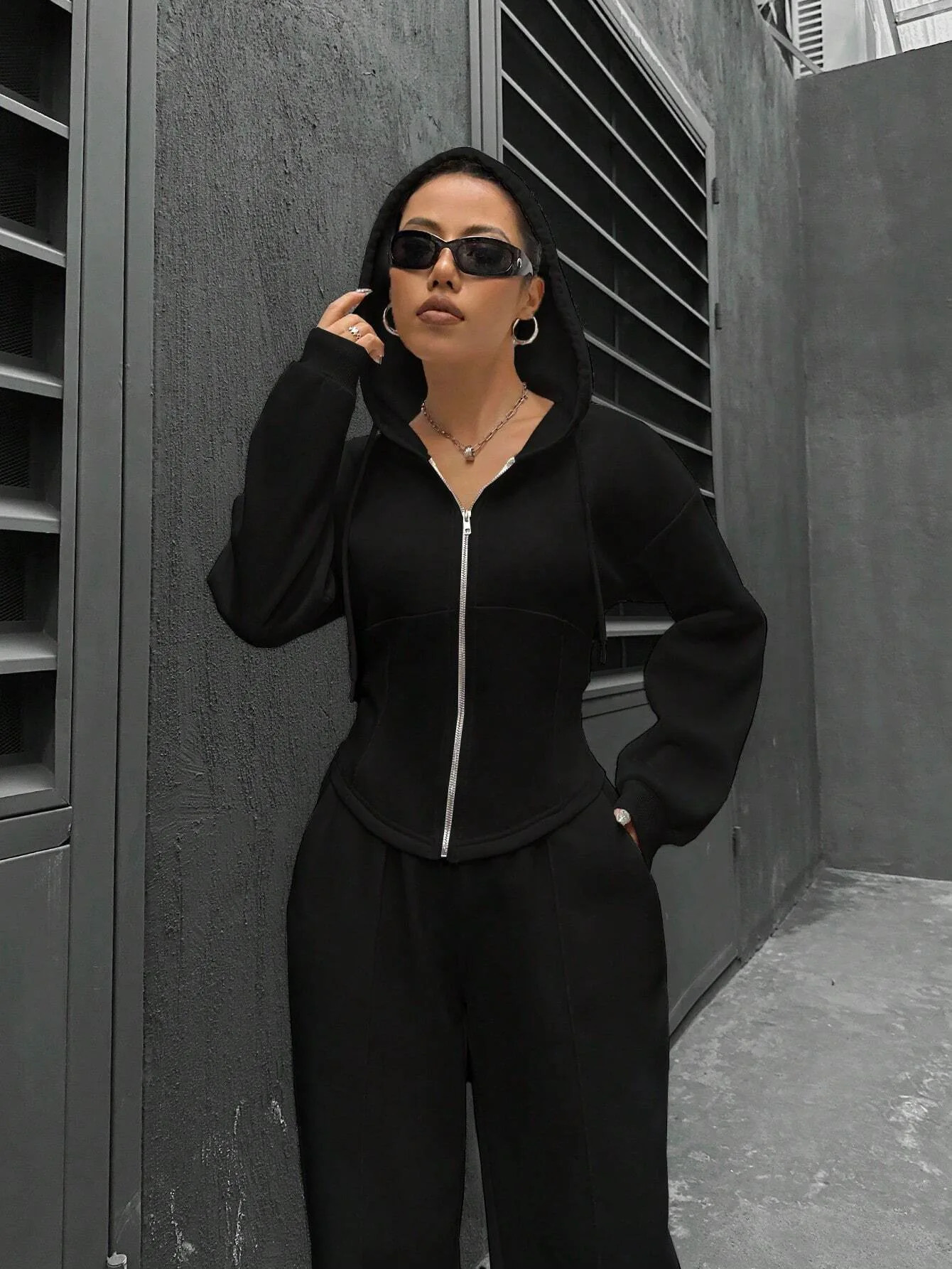 Grey bomber jacket womens 2piece casual long sleeved zipper solid sportswear Trouser set autumn 241008