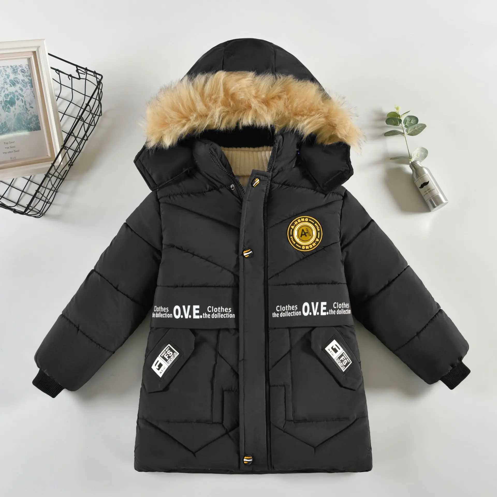 Down Coat Winter thick warm zipper long jacket for boys casual cotton apron jacket childrens fur hooded activity jacket 4 5 6 7 8 years old H241010