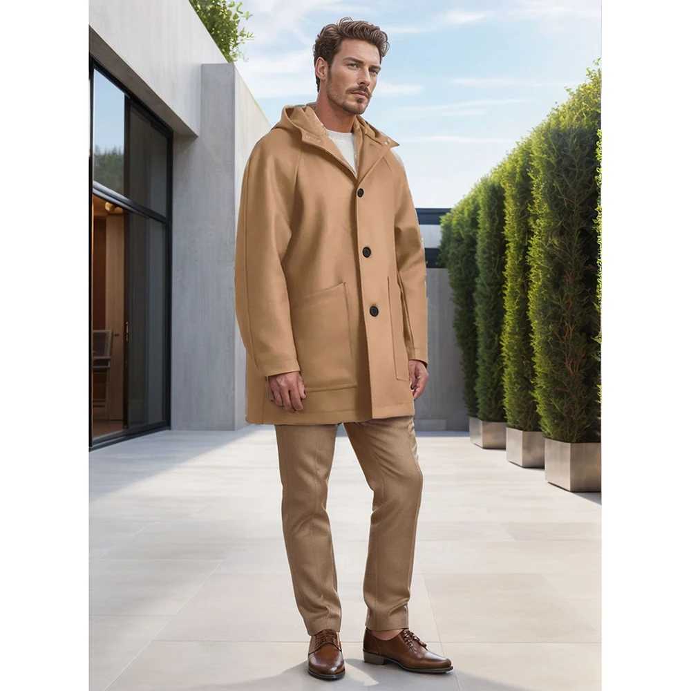 Mens autumn and winter coat mid-length hooded raglan sleeve woolen coat solid color single-breasted large pocket mens coat LX241010