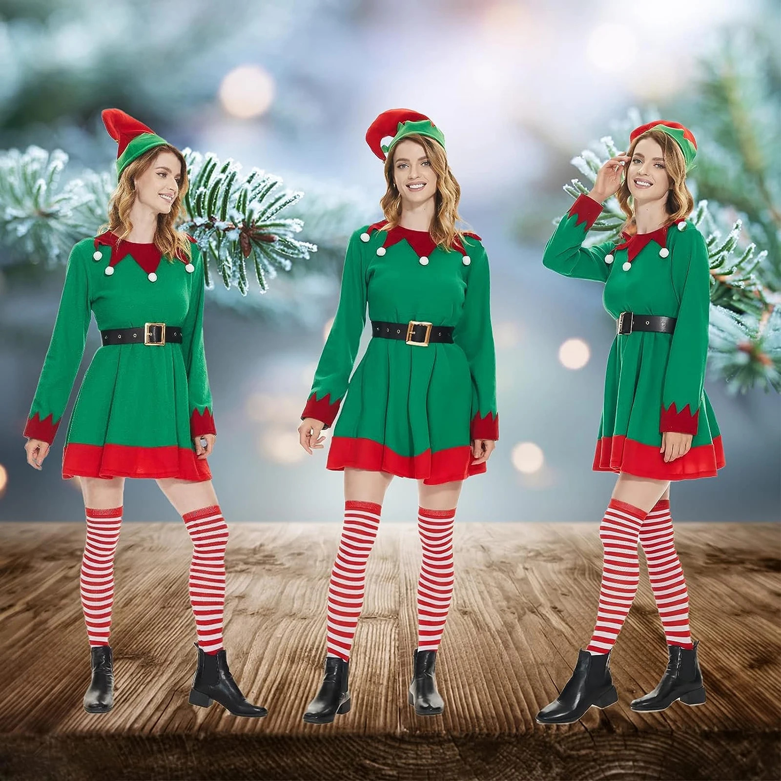 Womens Christmas elf costume with belt stockings and hat suitable for roleplaying party costumes 241007