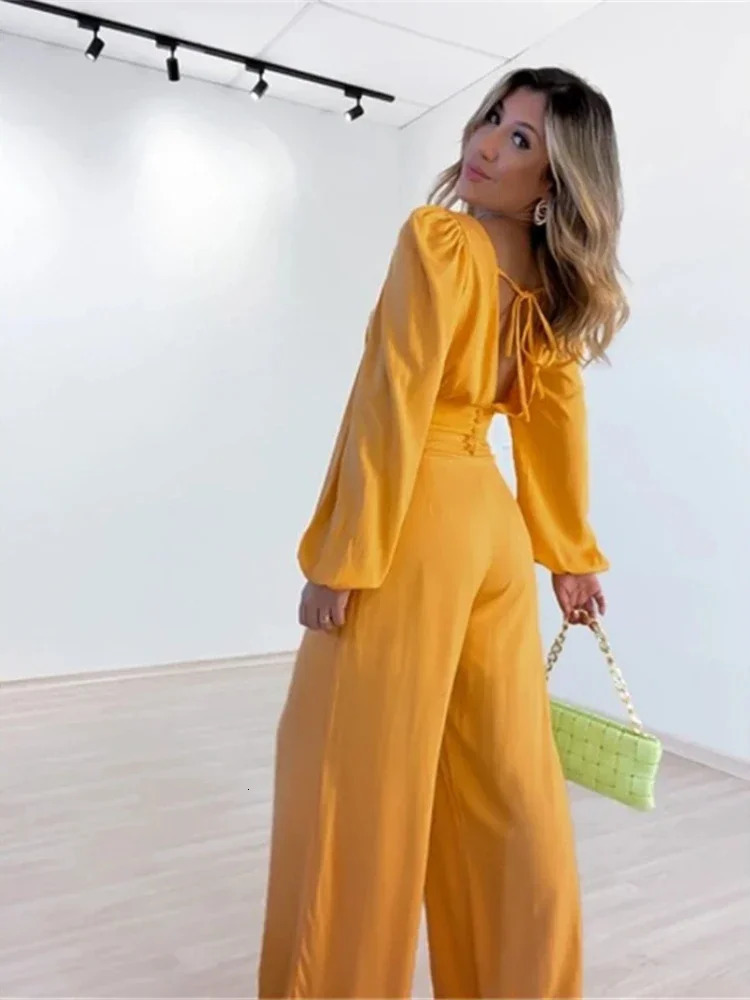 Laxsesu twopiece pants set sexy womens long sleeved shirtwide leg autumn streetwear casual clothing 241008