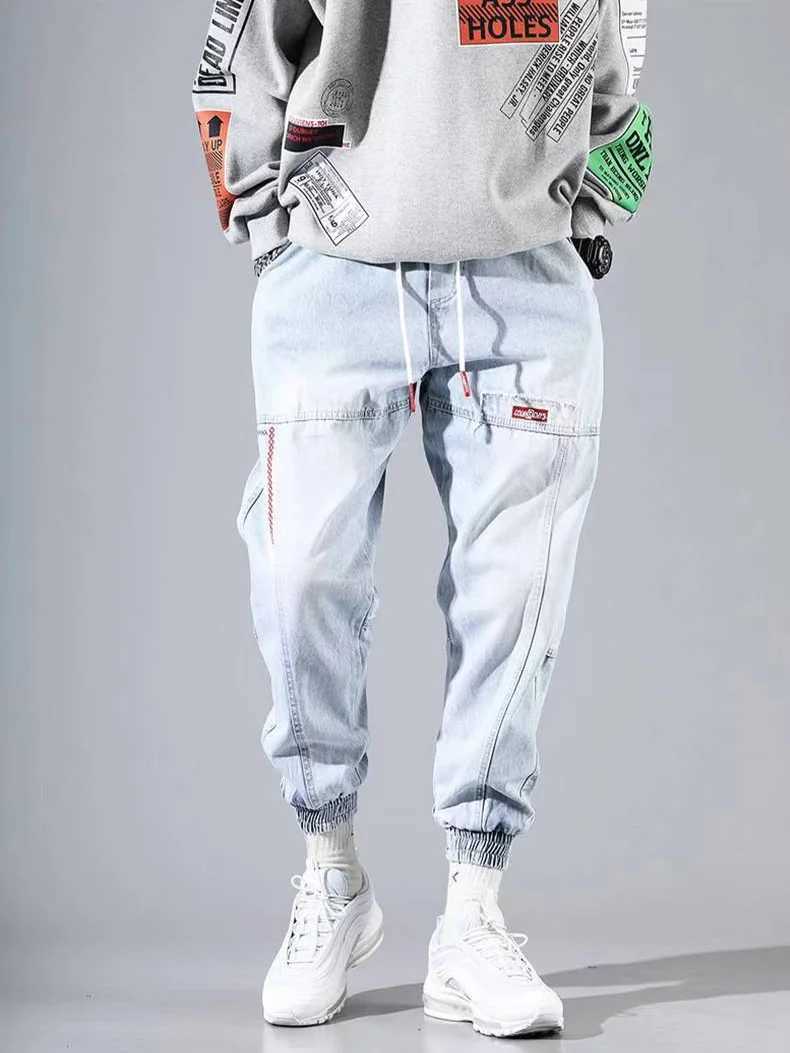 S-5XL Baggy Denim Pants for Men Autumn/winter Trendy Loose Cargo Jeans Casual Korean Slim Legged Male Hip-Hop Capri Pants BlueX241009