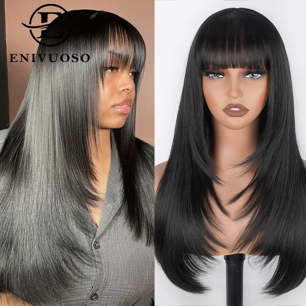 Black womens straight cut wig 3X1 HD lace synthetic laminated wig with bangs natural black straight non adhesive wig 241007