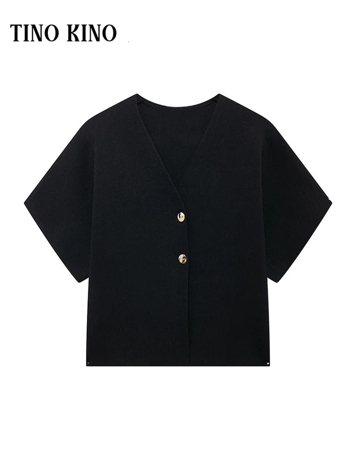 Elegant Solid Knitted Womens Vest Vneck Short Sleeve Buttons Loose Waistcoat Cardigan 2024 Summer Autumn Lady Commute Knitwear 241007