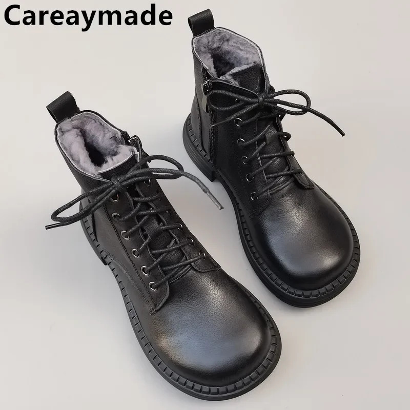 Careaymade -100% genuine leather wide version casual womens large-sized short boots mens pure handmade single boots warm wool boots 241007