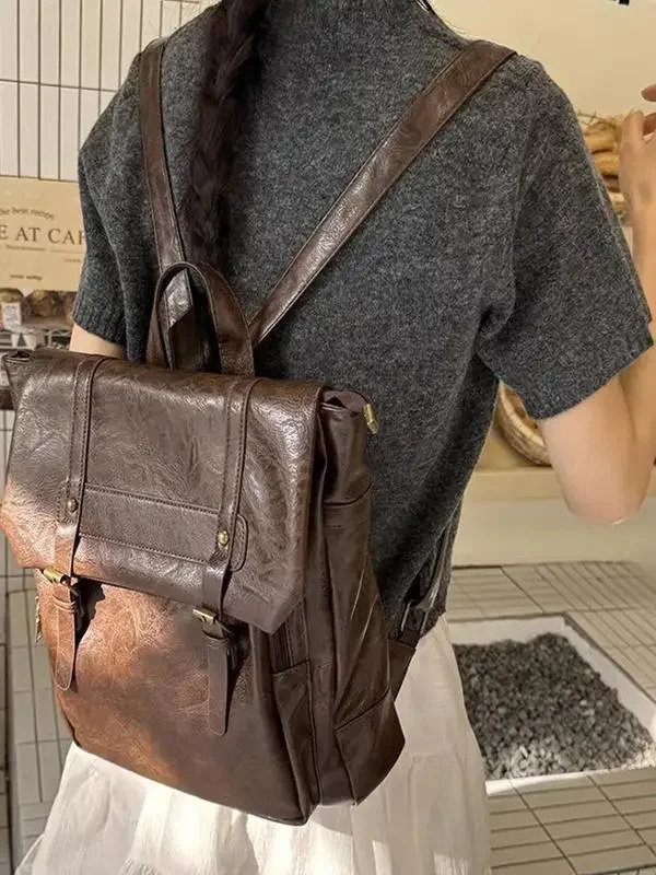 Japanese style cute Pu leather girl backpack preparatory flap school student notebook Kawaii travel womens 241008