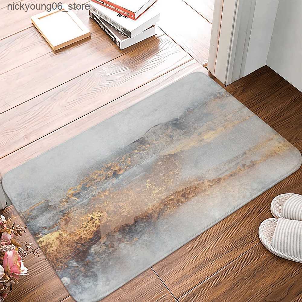Non-Slip Bath Mats Gray Oil Painting Abstract Geometric Yellow Kitchen Mat Living Room Entrance Floor Rug Anti-slip Bathroom Door Mat Home Decor L2409