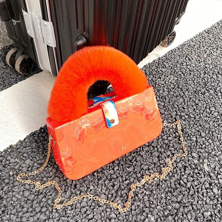 Artificial fur top handle acrylic party box clutch fashion wallet and handbag female er evening bag chain shoulder bag 241008