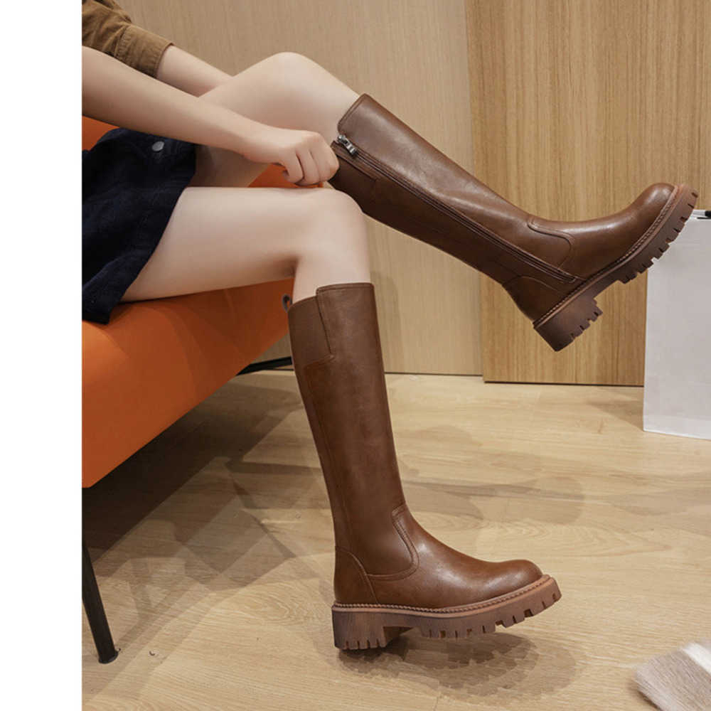 Cylinder Soled Fashion Boots Knight Boots Long Boots For Women Large High Ankle Boots Thick Soled Brown Woman Shoes 240826