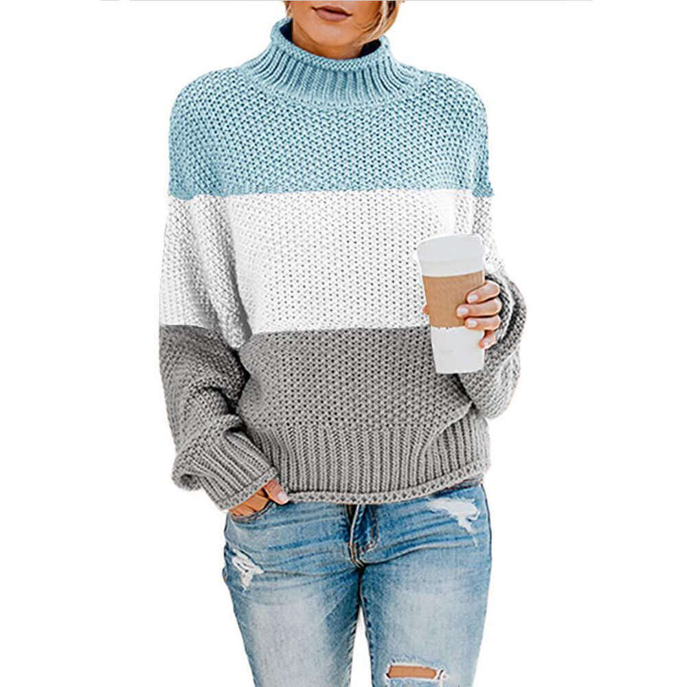 2024 autumn and winter new knitted sweater womens thick thread color blocked high neck pullover