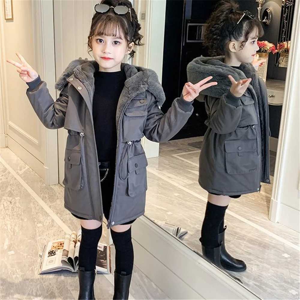 Down Coat Girl clothes Winter Long faux fur coat Warm Plus Velvet Cotton jacket s Thicken Parka children Clothing Hooded Outerwear H241010