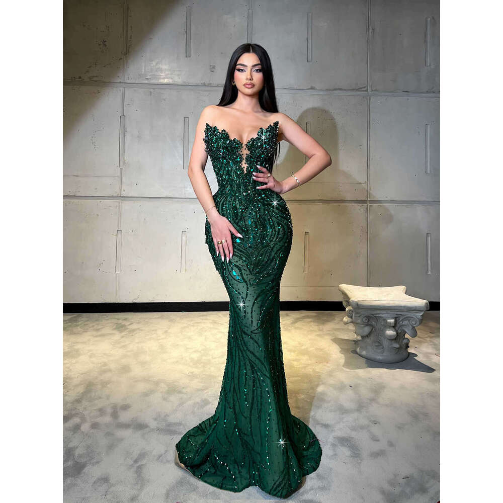 Classical Mermaid Gown Prom Strapless Crystals Beaded Lace Celebrity Party Evening Dresses Plus Custom Size Color