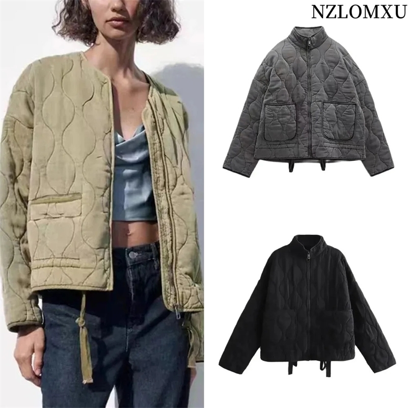 Womens Diamond Check Cotton Jacket Round Neck Loose Long Sleeve Zip Vintage Street Fashion Pocket Warm Top y240907