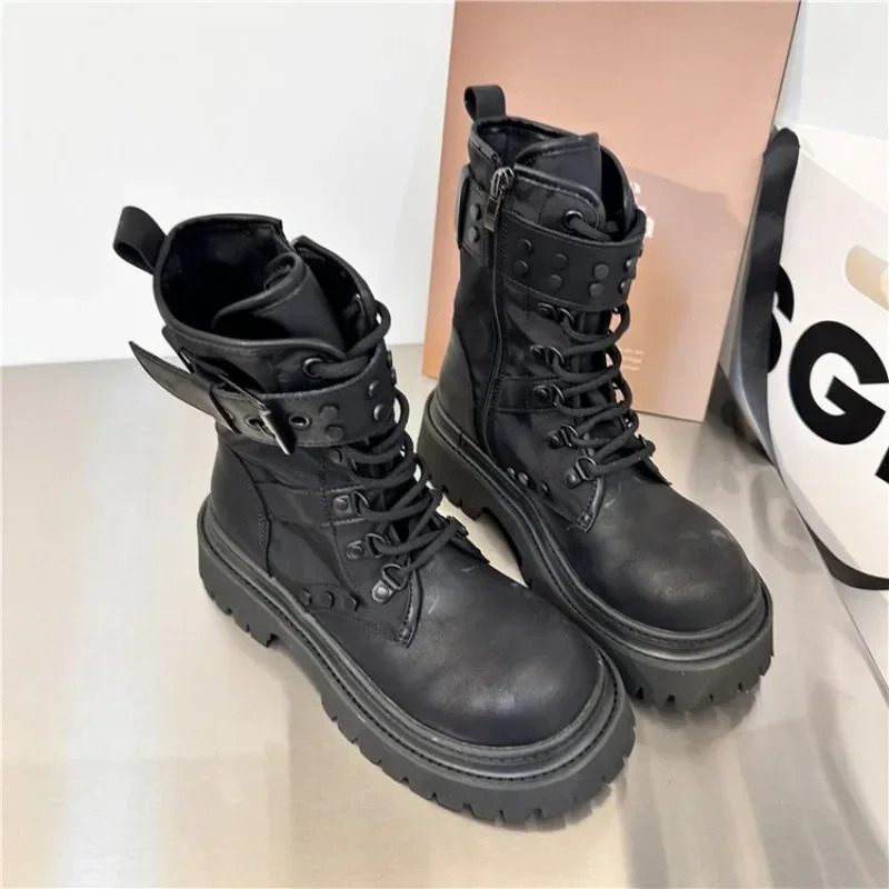 Buckled platform combat boots womens short and chubby high heels lace ankle boots womens side zippers PU leather short boots 241007