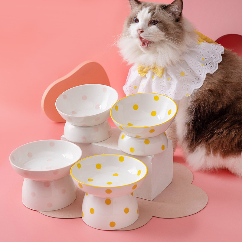 Cat and dog bowl ceramic high foot spine protection pet bowl slanted mouth cat and dog basin easy to clean ceramic pet food basin