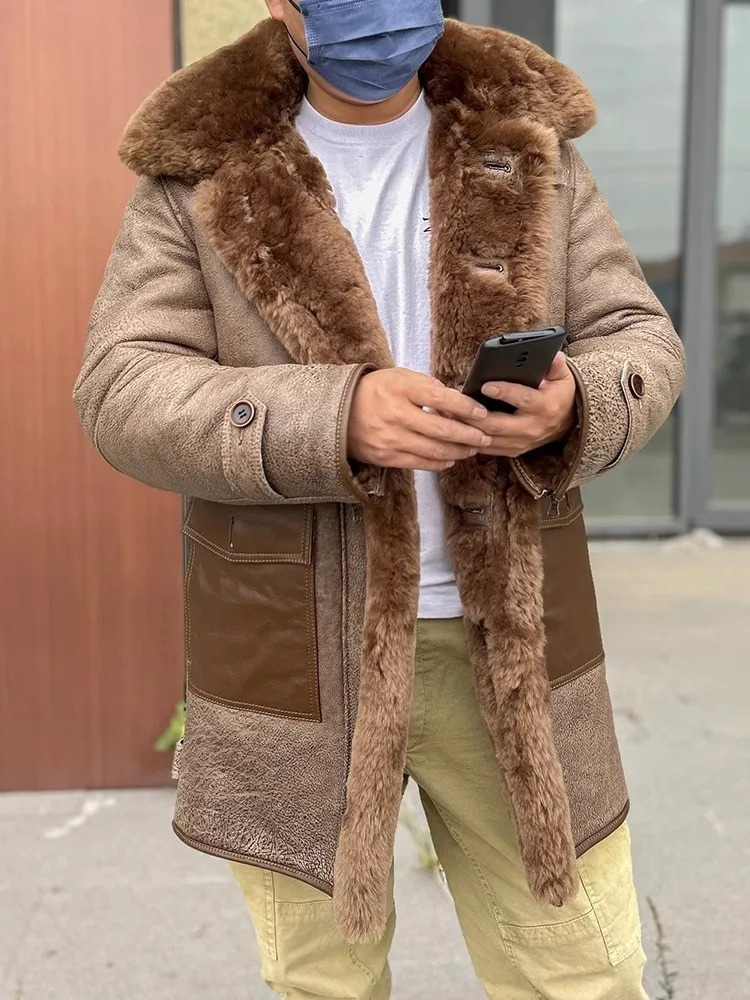 Mens fur coat winter thick warm wool lining single chest genuine leather wool coat medium length hooded coat 240927