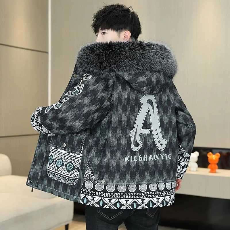 Men's Down Parkas Winter Kping Warm Men Parka Male Trendy Large Size Flce Lined Thicken Outcoat Fashion Casual Hooded Big Fur Collar Outwear Y241