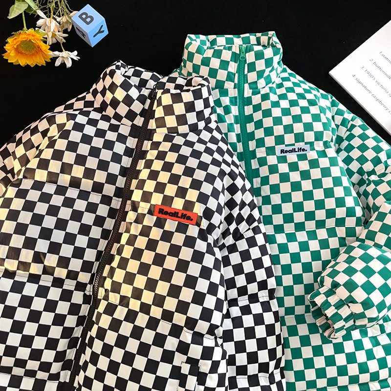 Men's Down Parkas Winter Strtwear Oversize Plaid Bubble Coat Japanese Style New Retro Parkas With Contrast Warm Plaid Puffer Jacket Husband Men Y