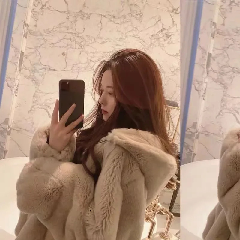 Korean version of fur coat womens winter loose Rex rabbit thick rabbit hair hooded coat 241007