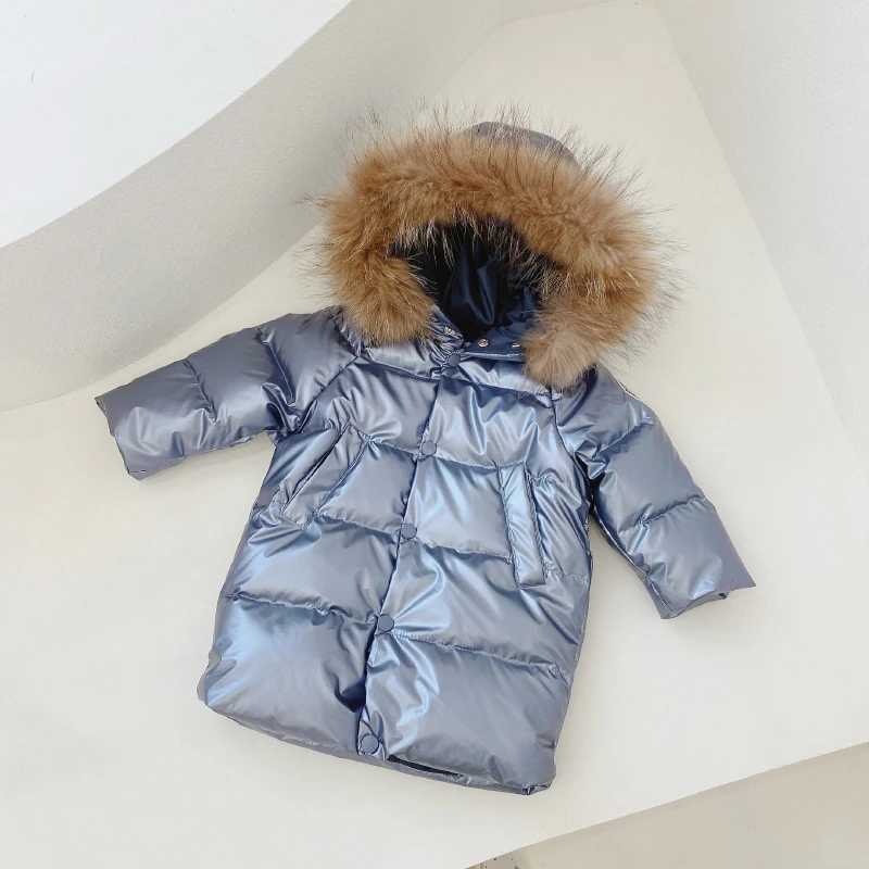 Down Coat Autumn and winter waterproof and spray resistant childrens fur round neck down jacket for boys and girls outdoor play dirt resistant down ja