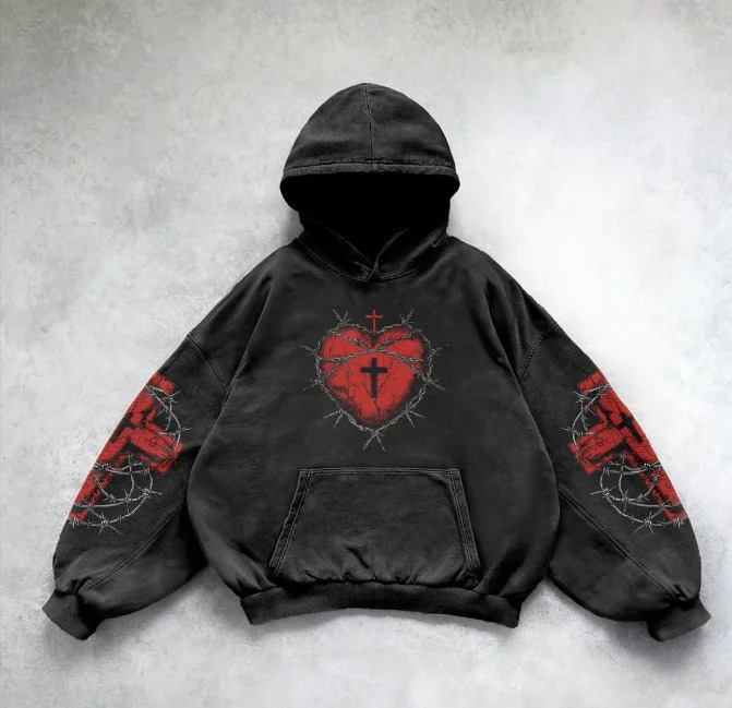 Harajuku Gothic Skull Cross Hooded Sweater Mens Hip Hop Punk y2k Exquisite Pattern Personalized Cotton Street Oneck Tshirt 241010